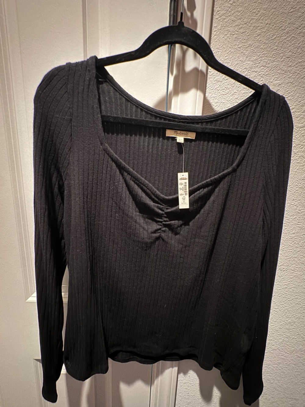 Madewell Black Ribbed Gathered V-Neck Long Sleeve Top